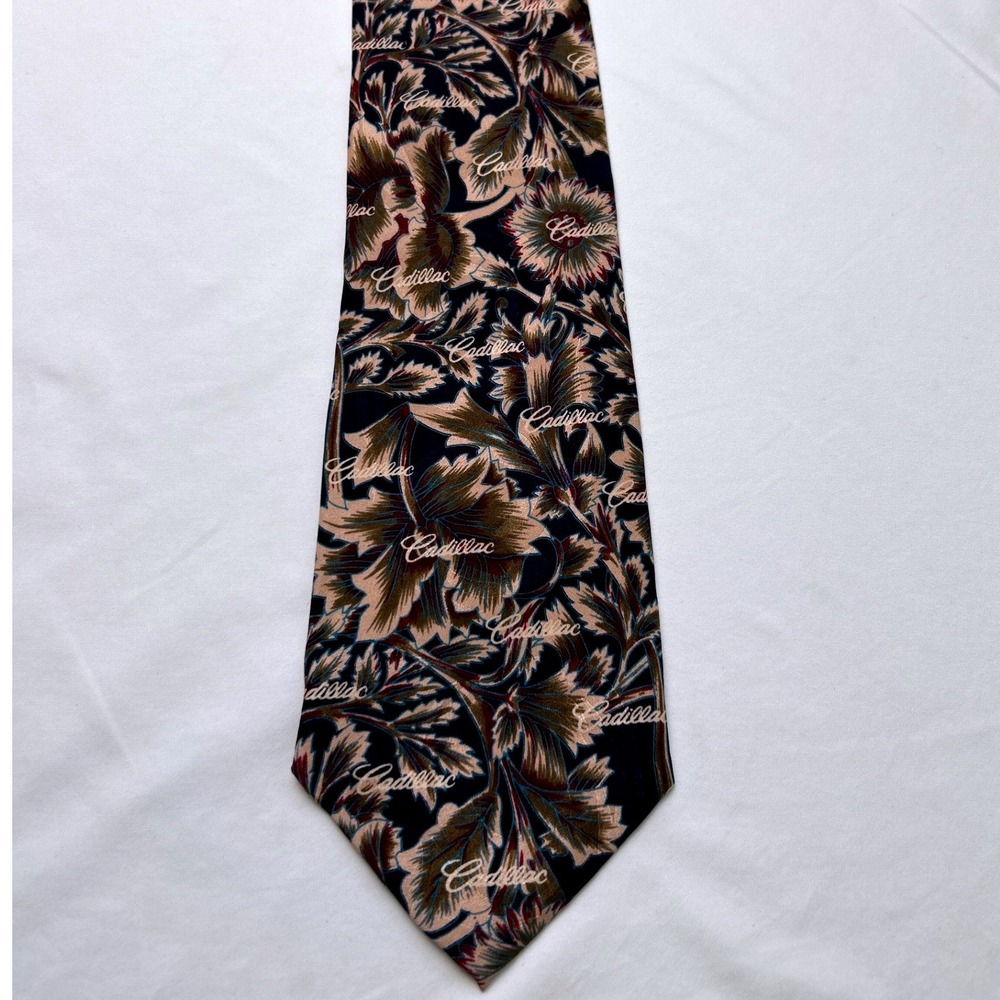 Cadillac Mens Necktie Navy Blue Tan Silk Floral Leaf Logo Script 58" Vintage - Picture 2 of 6